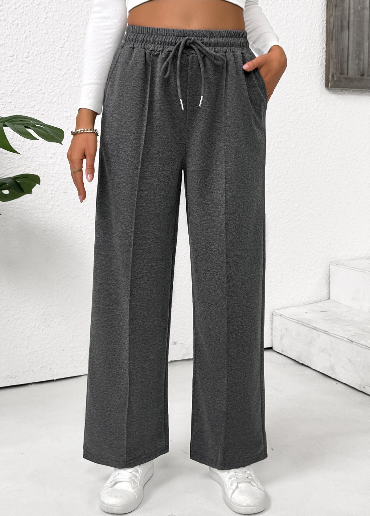 Pocket Dark Grey Marl Straight Leg Elastic Waist Pants