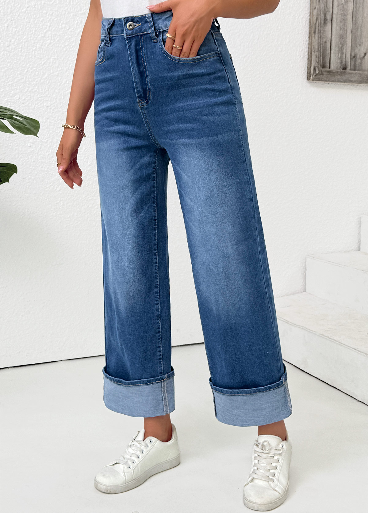 Pocket Denim Blue Wide Leg Button Fly Pants