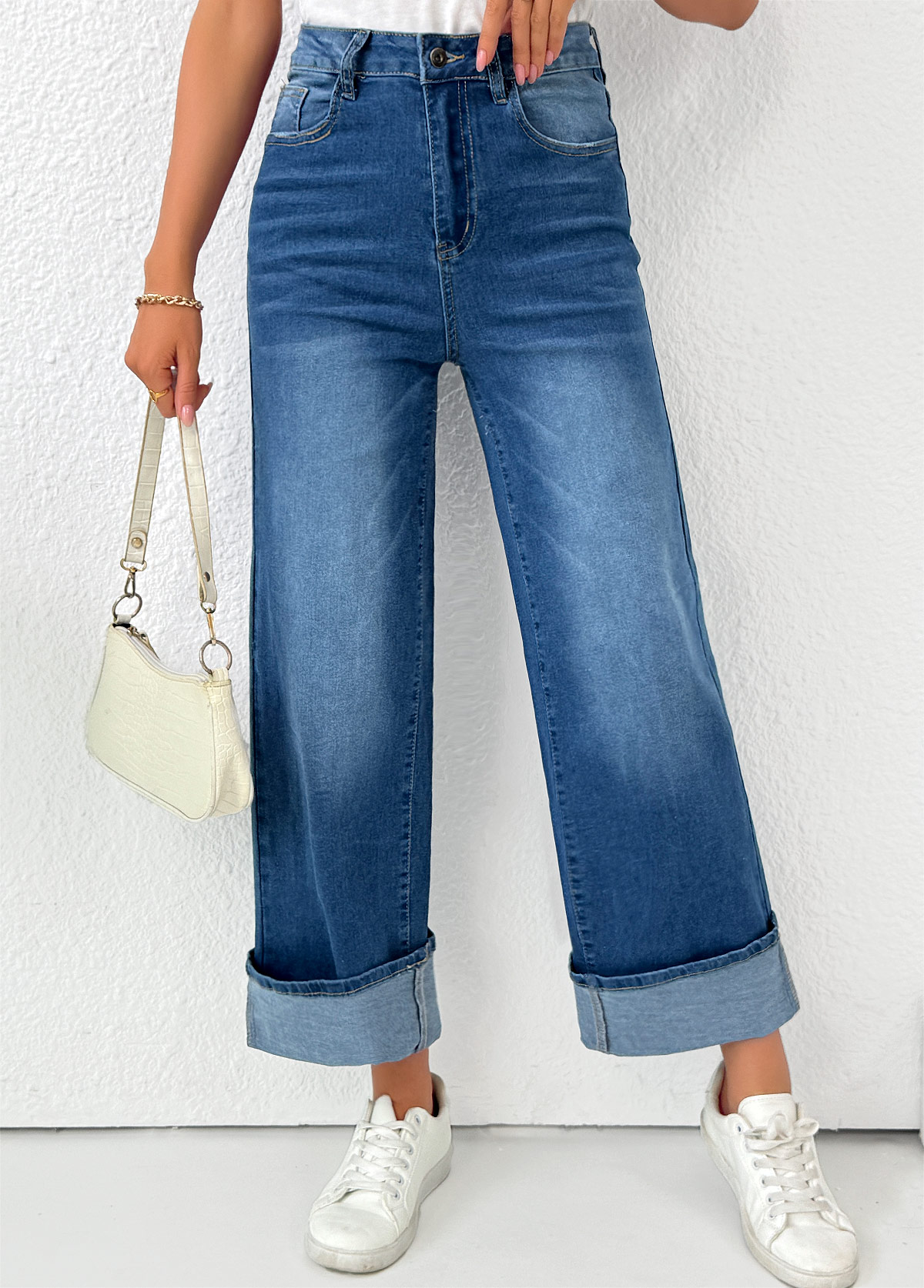 Pocket Denim Blue Wide Leg Button Fly Pants