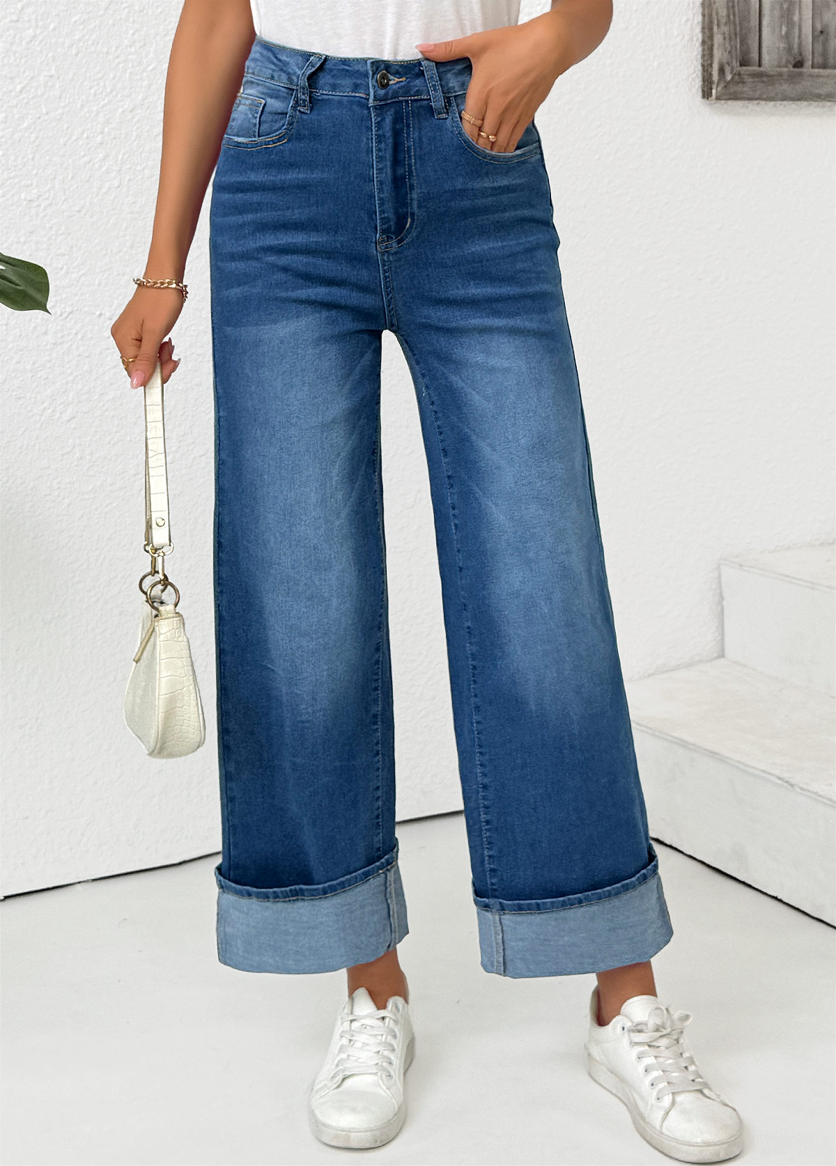 Pocket Denim Blue Wide Leg Button Fly Pants