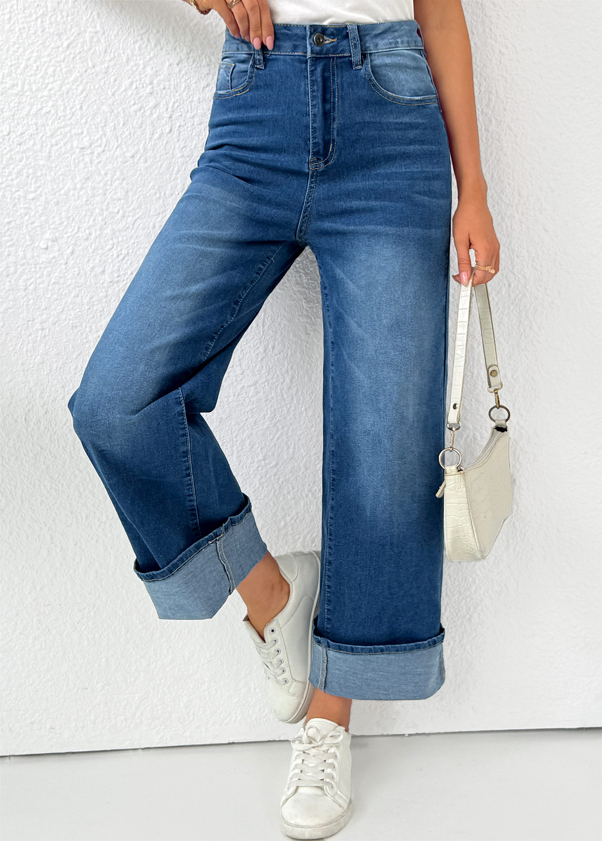 Pocket Denim Blue Wide Leg Button Fly Pants