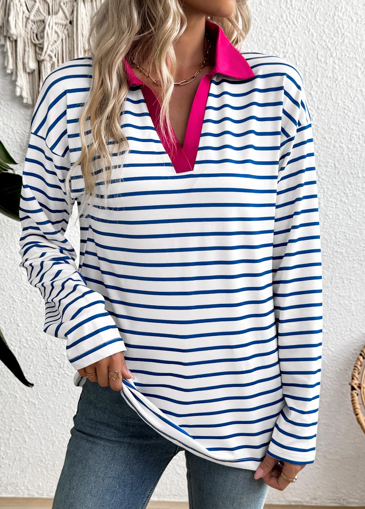 Striped White Long Sleeve Split Neck T Shirt