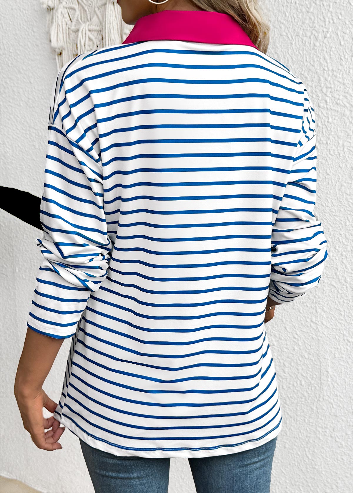 Striped White Long Sleeve Split Neck T Shirt