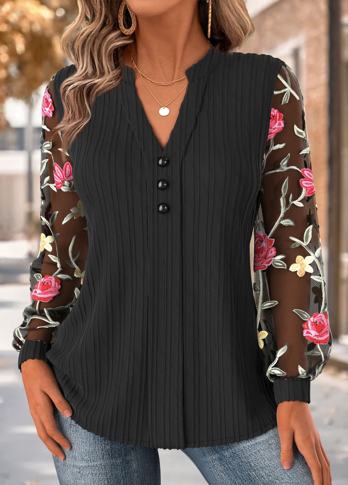 Floral Print Black Long Sleeve Asymmetrical Neck Blouse