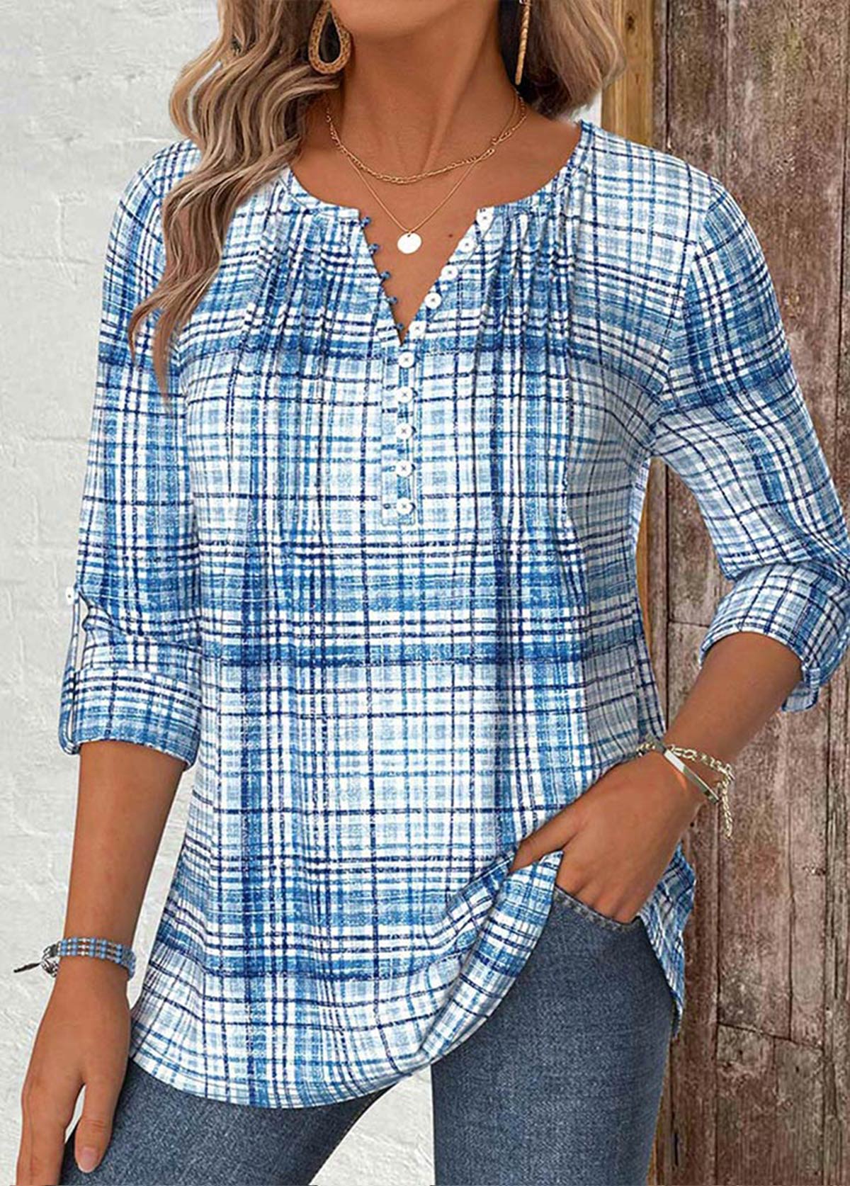 Plaid Light Blue Long Sleeve Split Neck Shirt