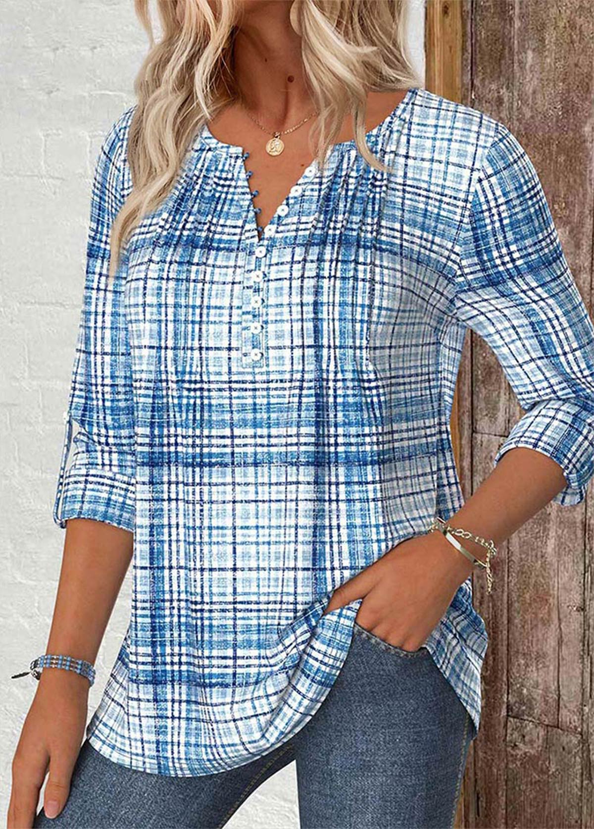 Plaid Light Blue Long Sleeve Split Neck Shirt