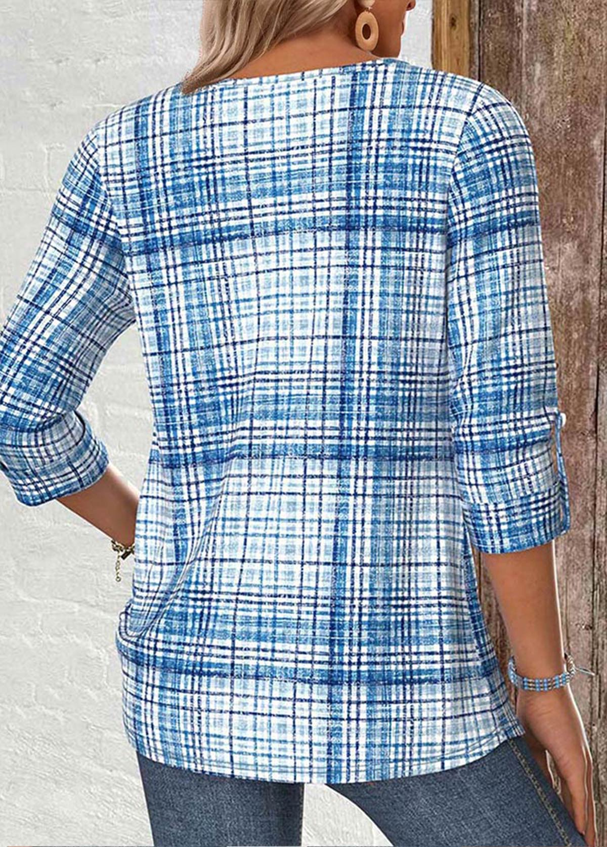Plaid Light Blue Long Sleeve Split Neck Shirt