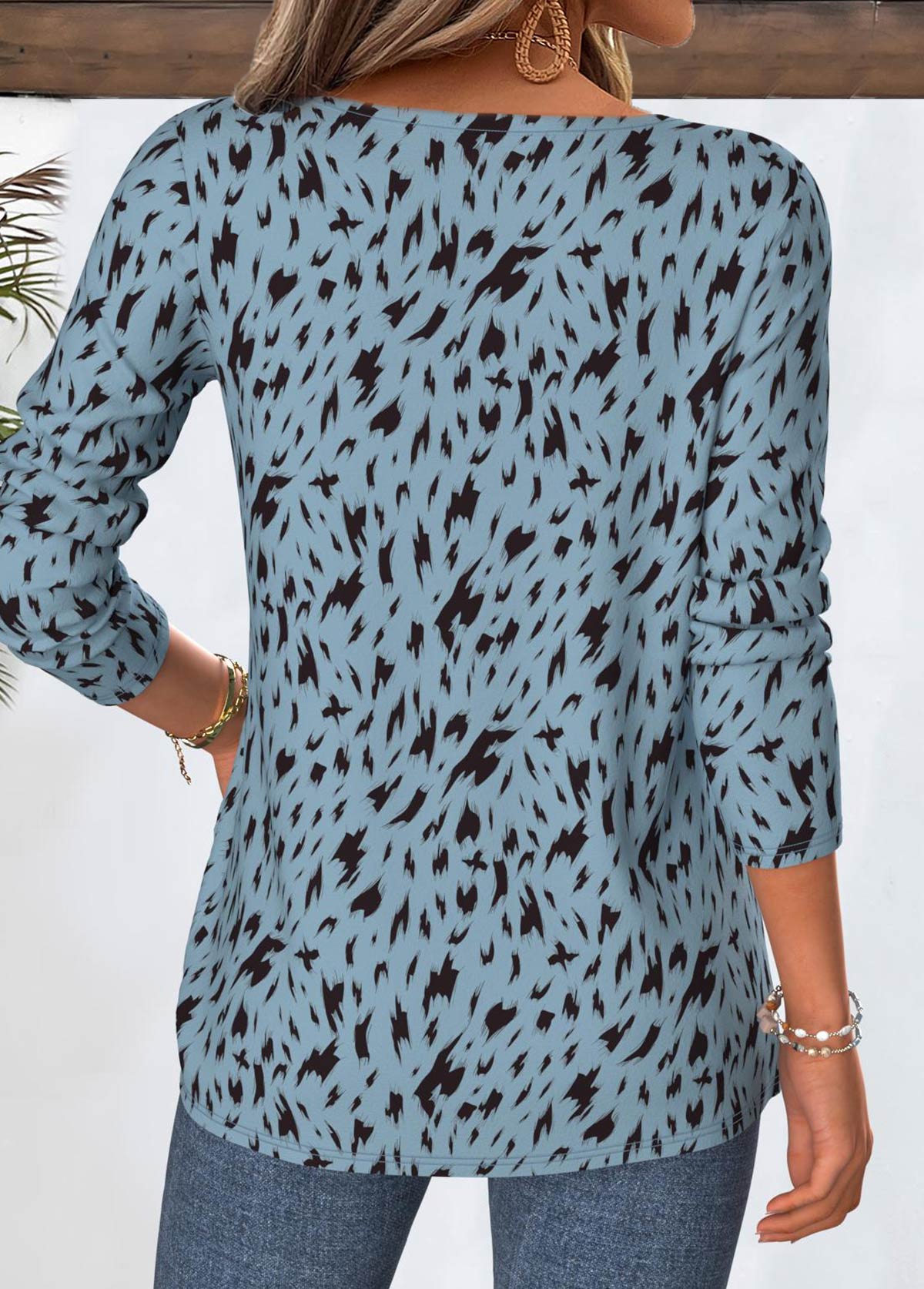 Geometric Print Dusty Blue Long Sleeve T Shirt