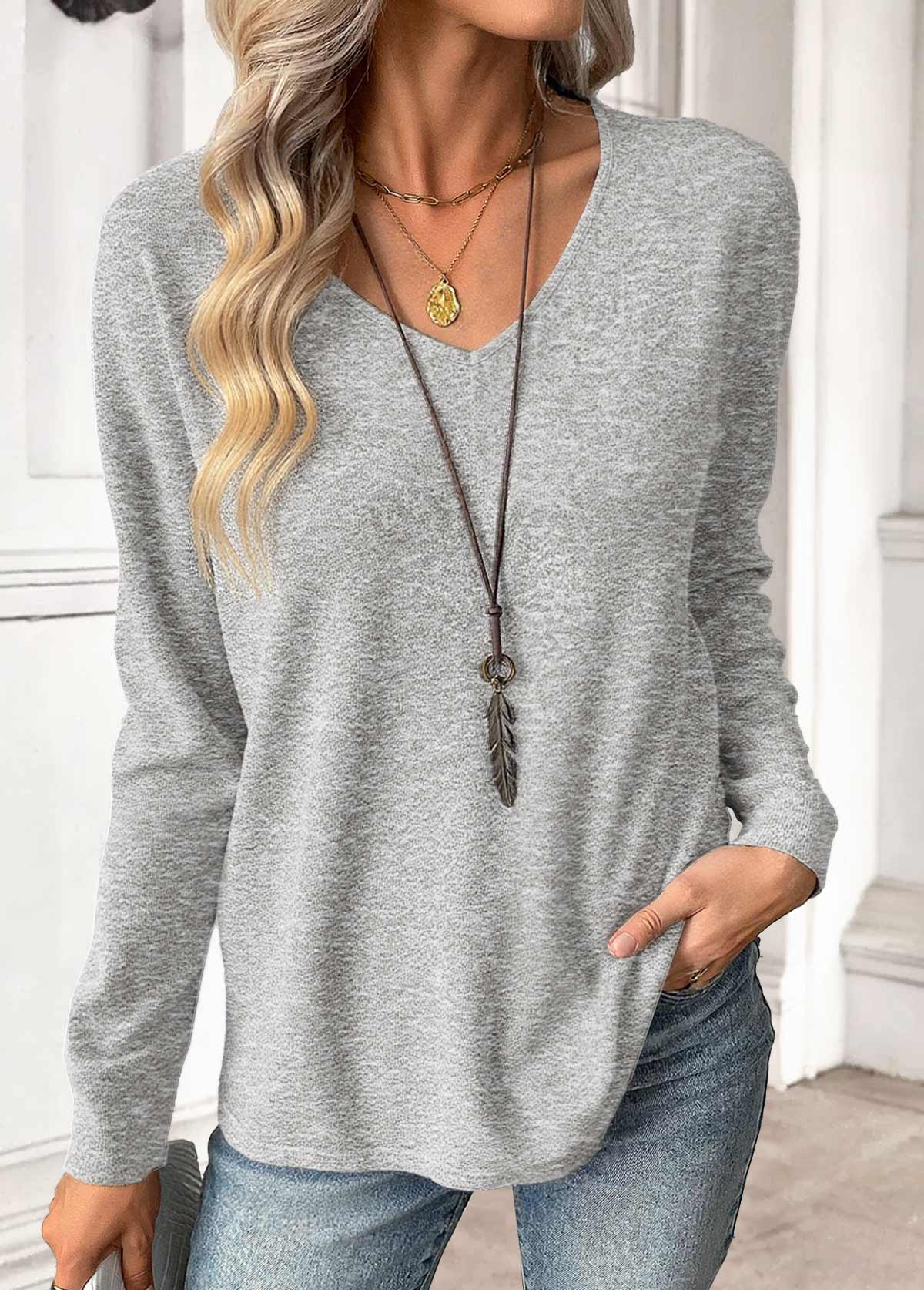 Light Grey Long Sleeve V Neck T Shirt