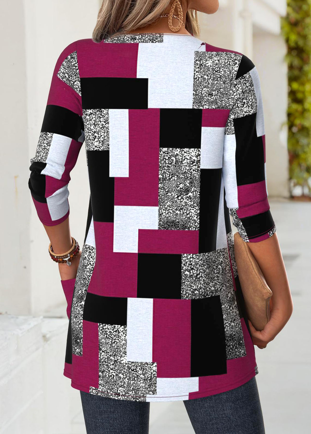 Geometric Print Dark Reddish Purple Long Sleeve Light Cardigan