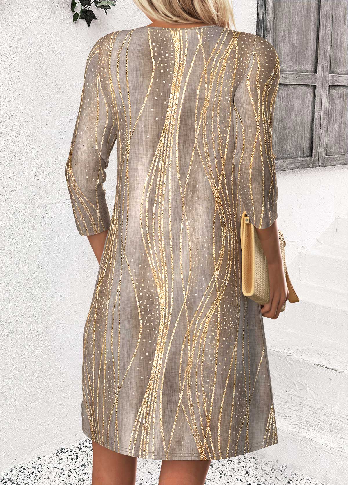 Light Coffee Short 3/4 Sleeve Split Neck Dress