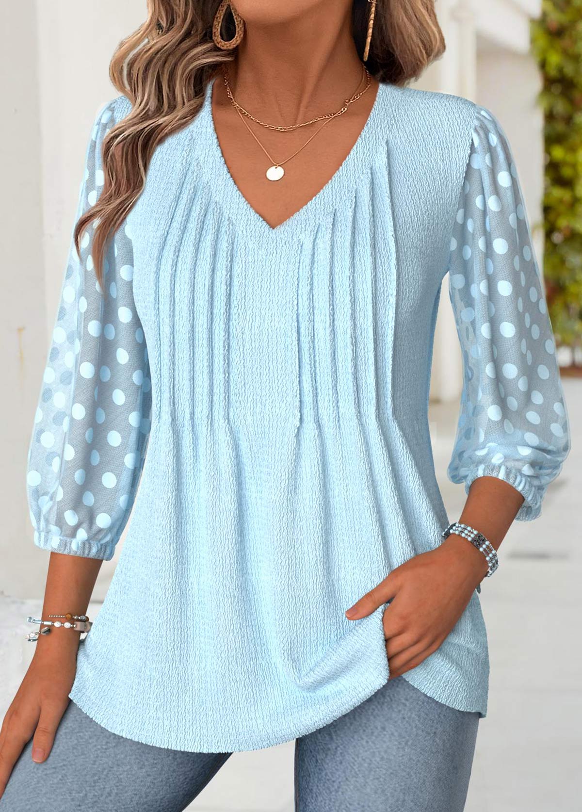 Light Blue 3/4 Sleeve V Neck Blouse