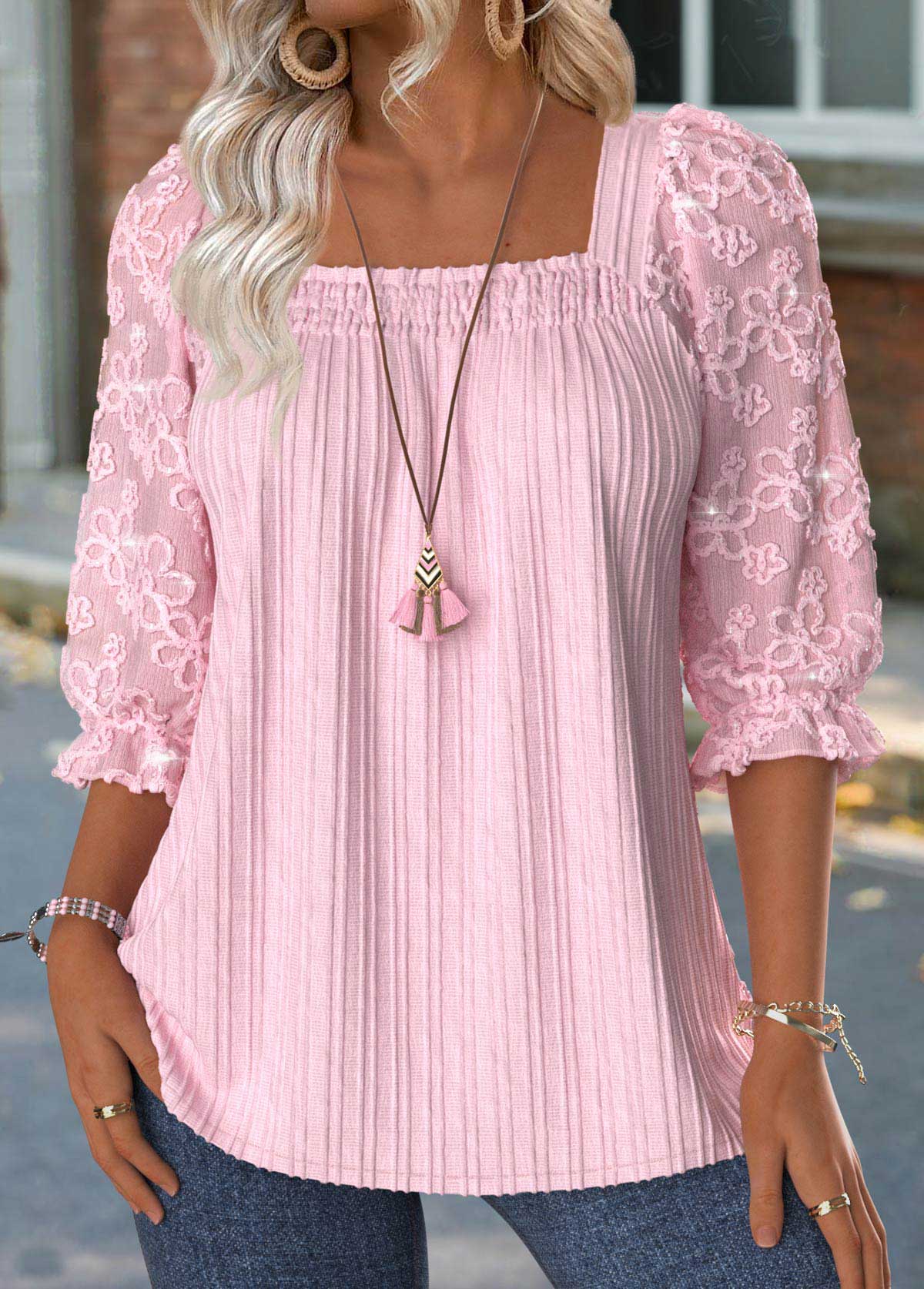 Light Pink 3/4 Sleeve Square Neck Blouse