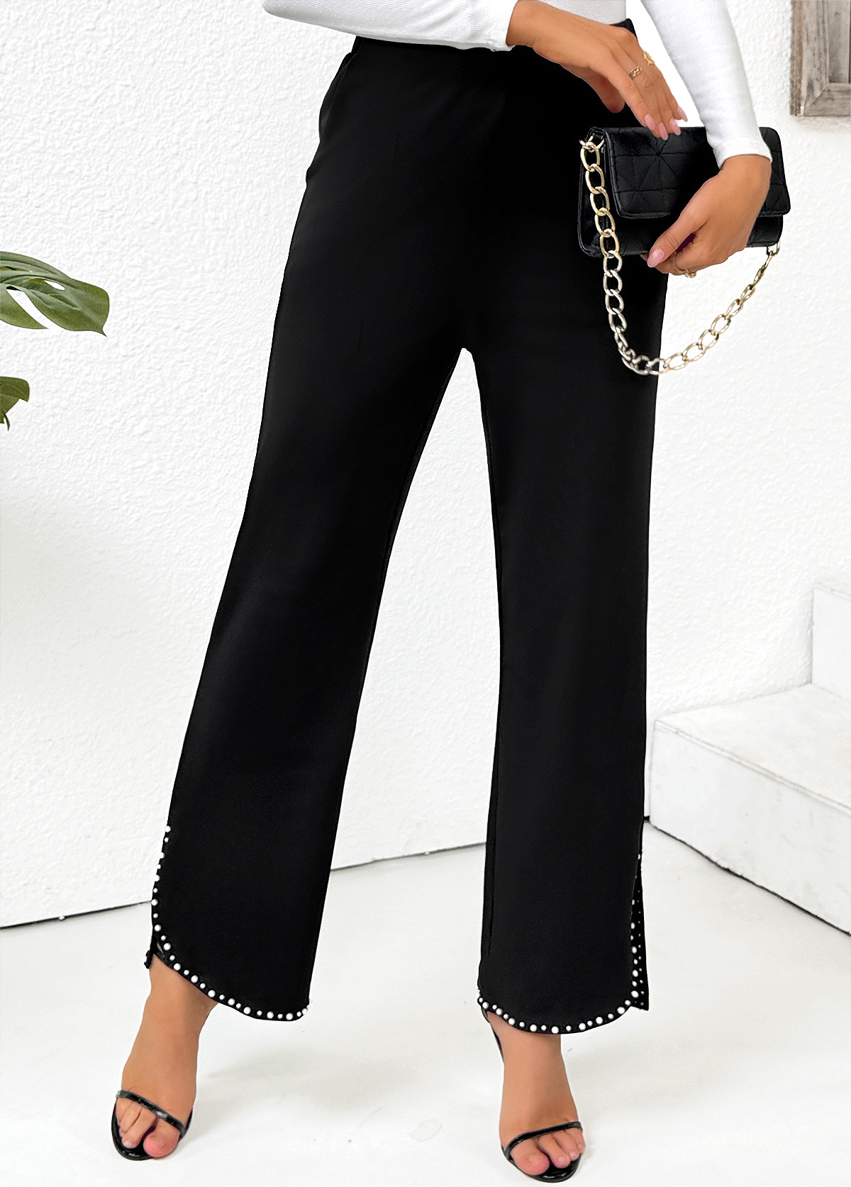 Pocket Black Straight Leg Elastic Waist High Waisted Pants