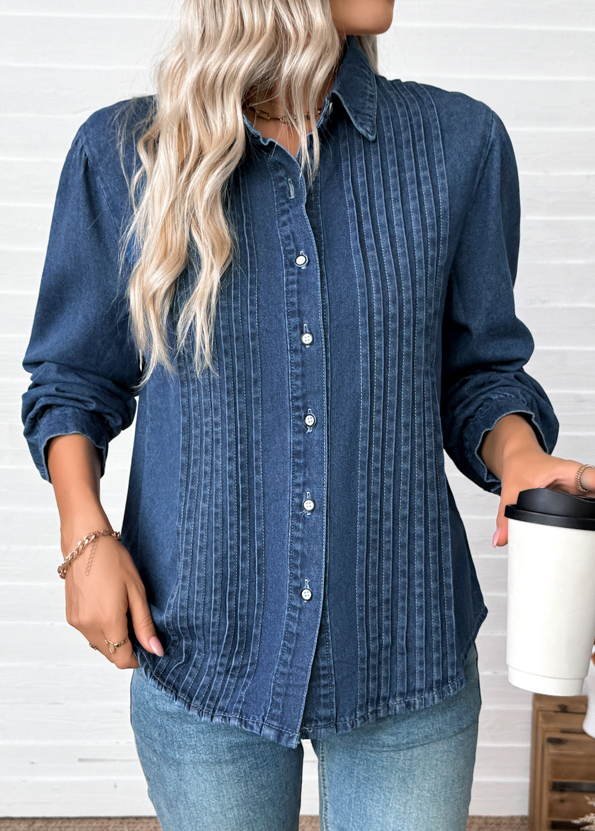 Tummy Coverage Denim Blue Long Sleeve Shirt