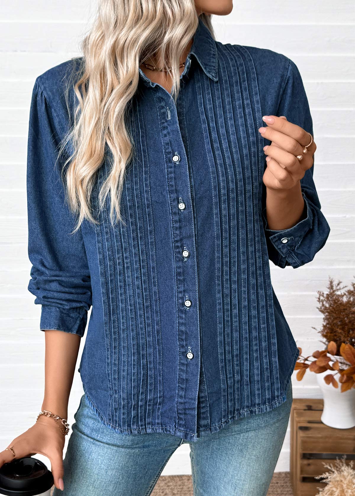 Tummy Coverage Denim Blue Long Sleeve Shirt