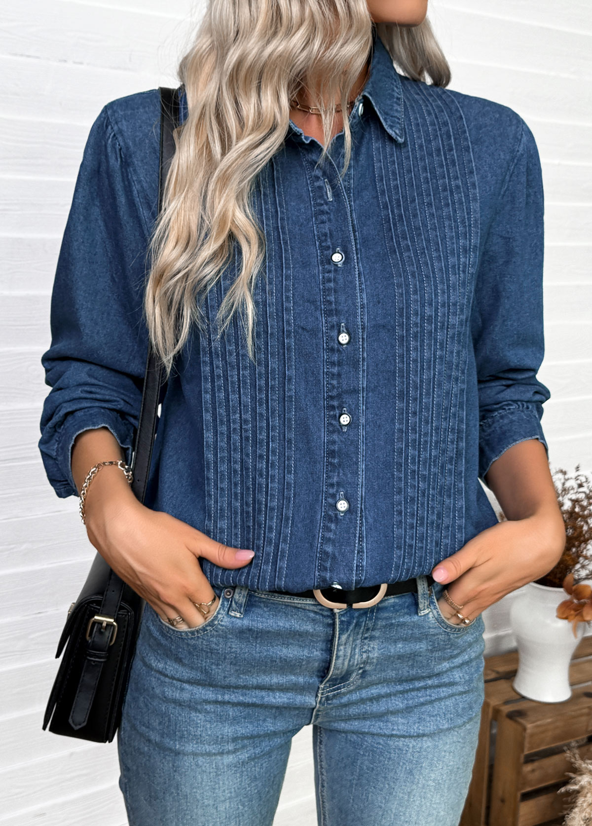Tummy Coverage Denim Blue Long Sleeve Shirt