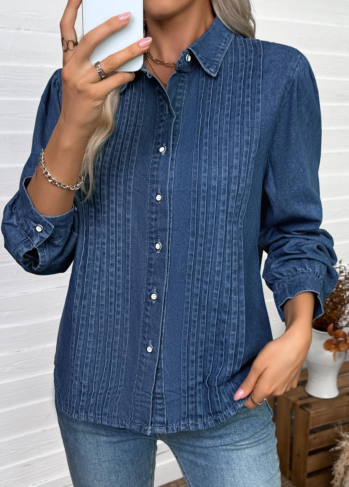 Tummy Coverage Denim Blue Long Sleeve Shirt