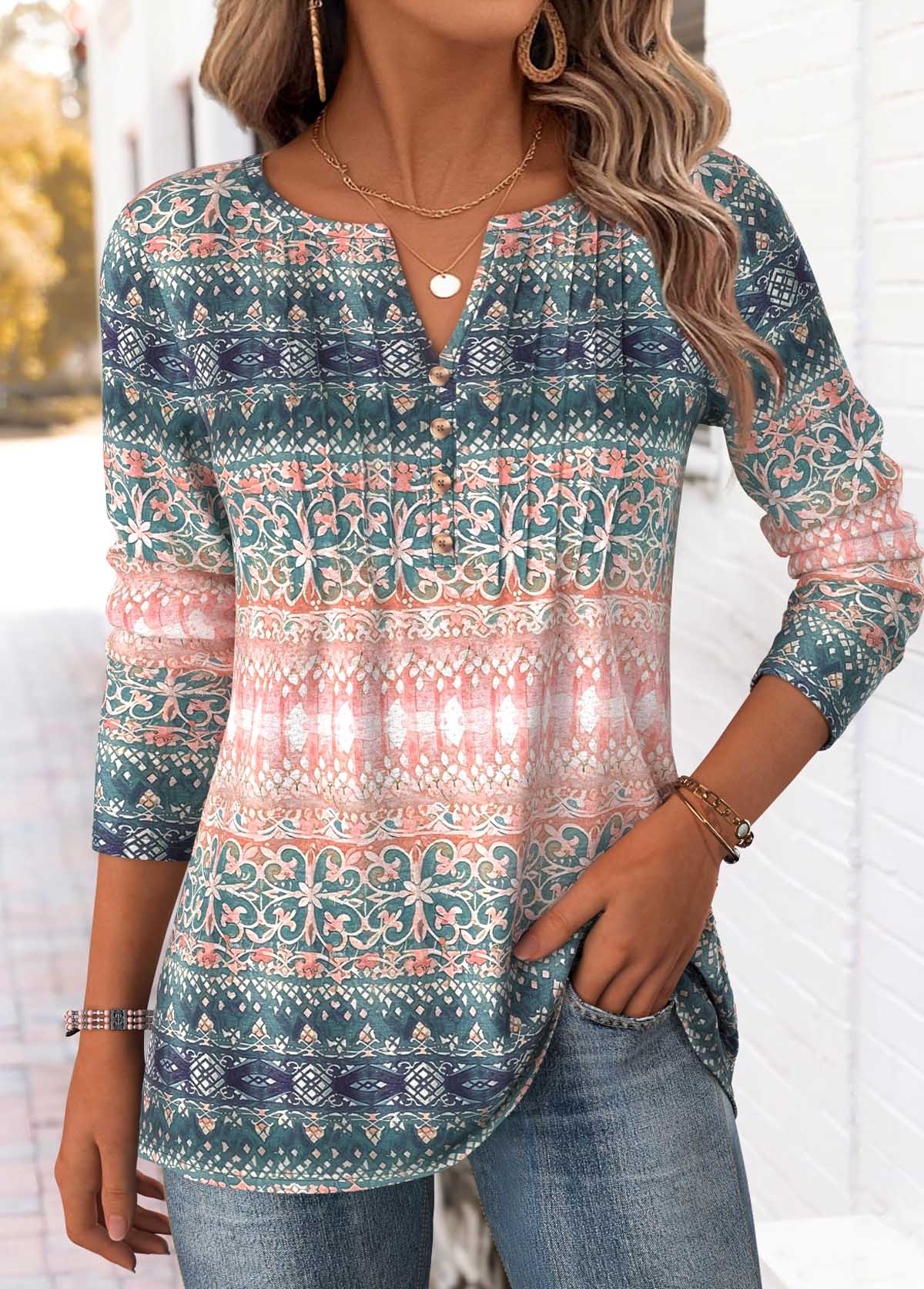 Tribal Print Multi Color Long Sleeve T Shirt