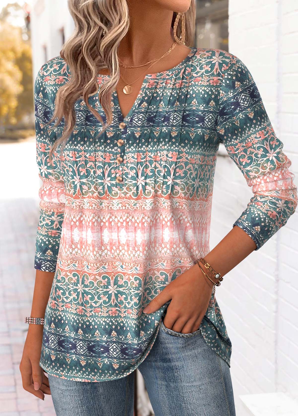 Tribal Print Multi Color Long Sleeve T Shirt