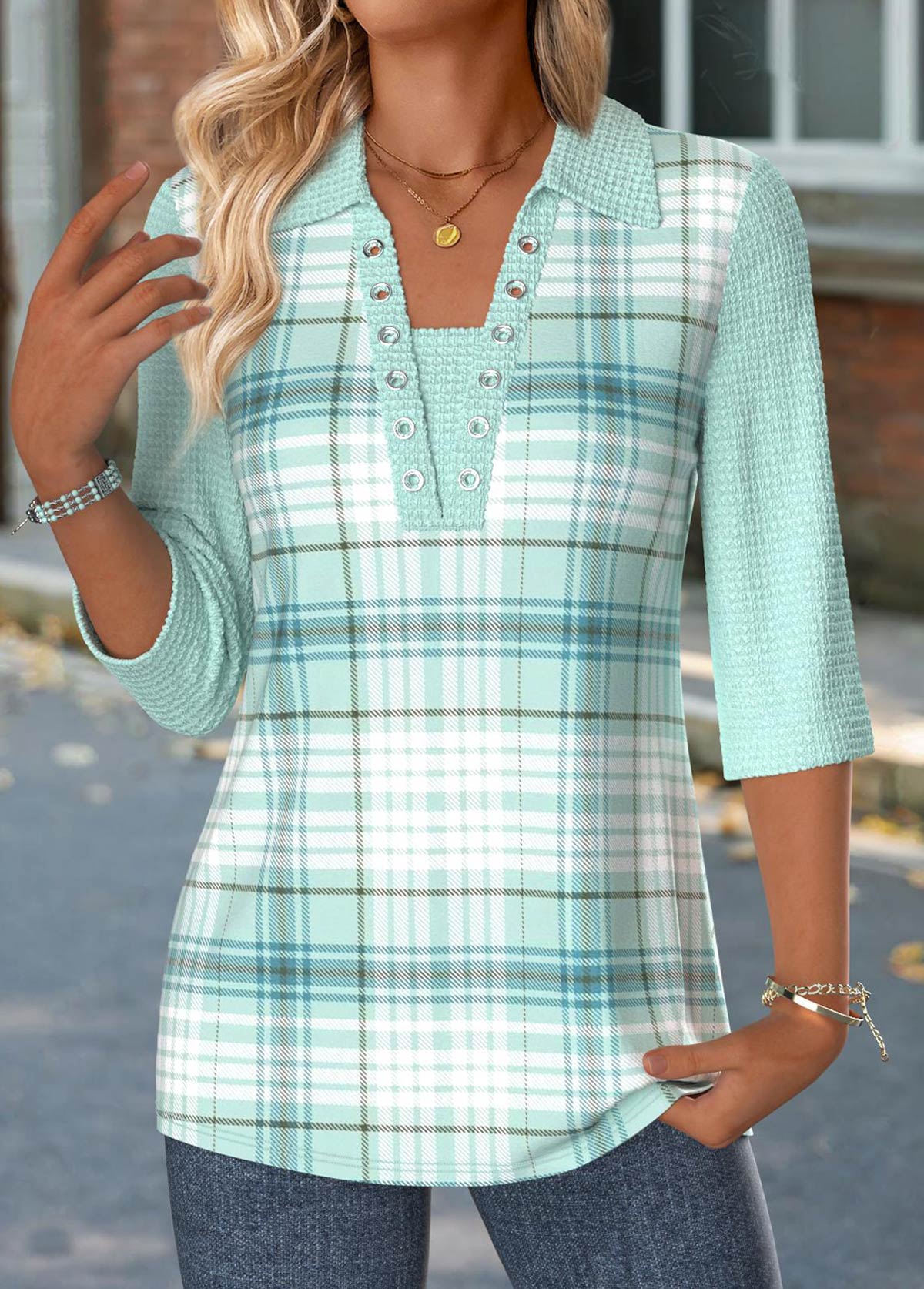 Plaid Mint Green 3/4 Sleeve T Shirt