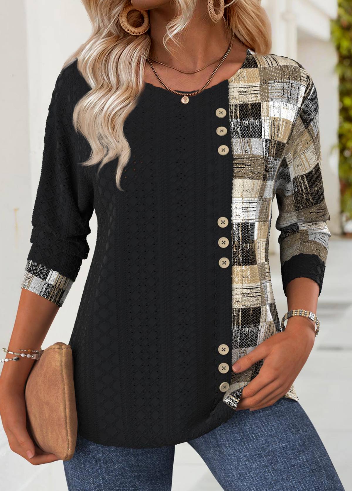 Geometric Print Black Long Sleeve Round Neck T Shirt
