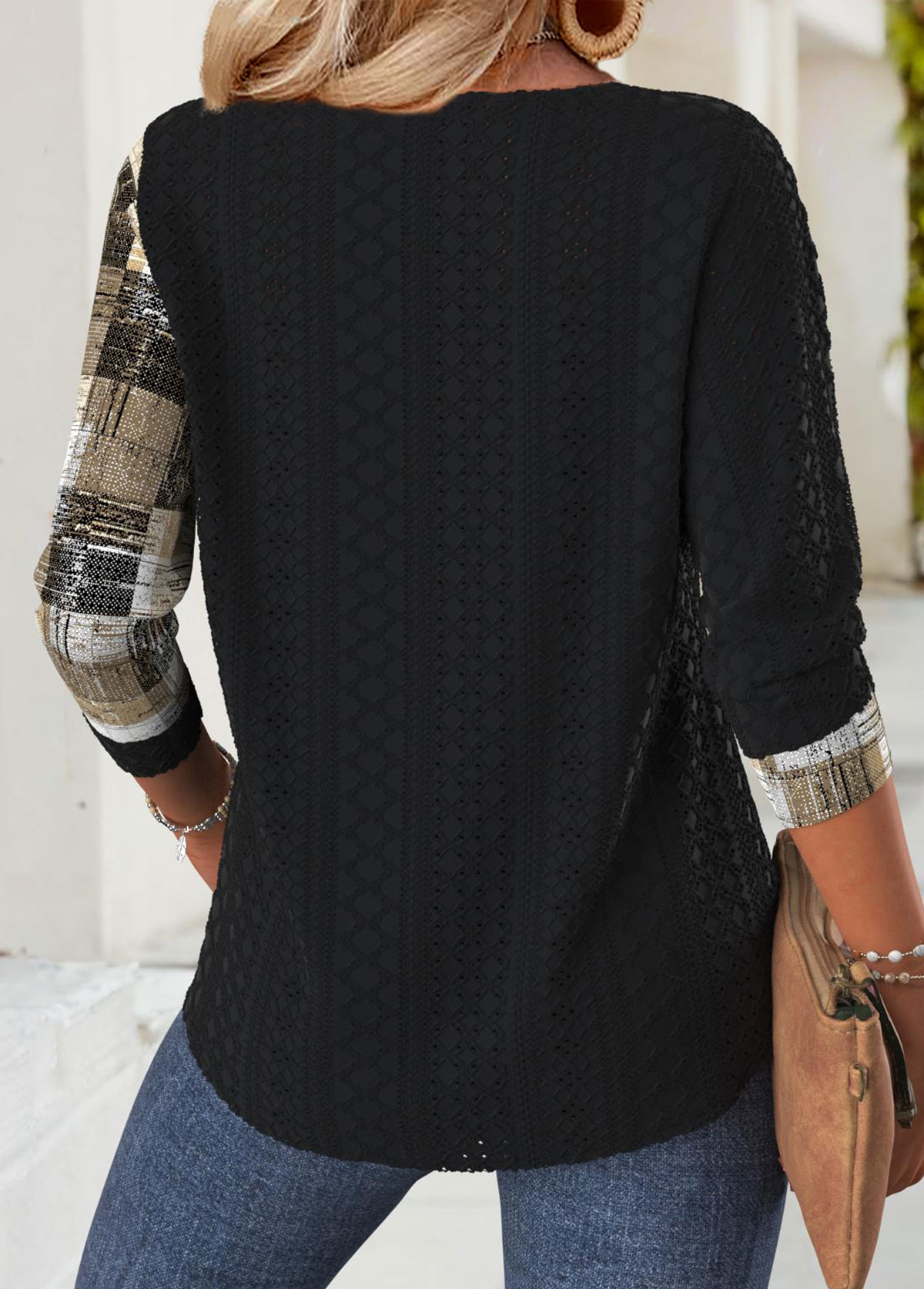 Geometric Print Black Long Sleeve Round Neck T Shirt