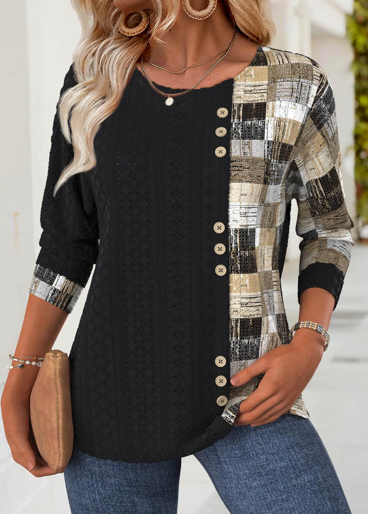Geometric Print Black Long Sleeve Round Neck T Shirt