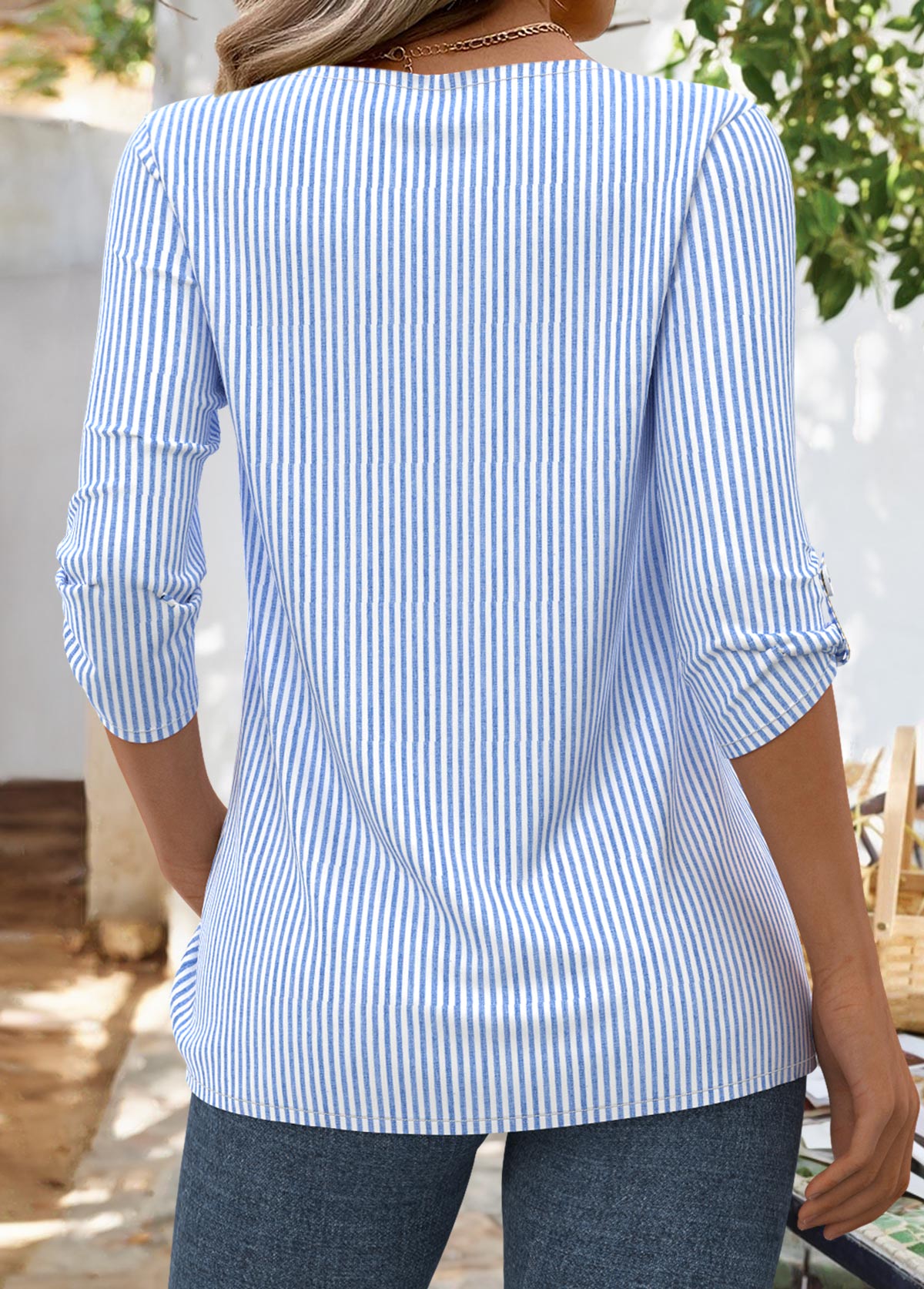 Striped Blue 3/4 Sleeve Asymmetrical Neck Blouse
