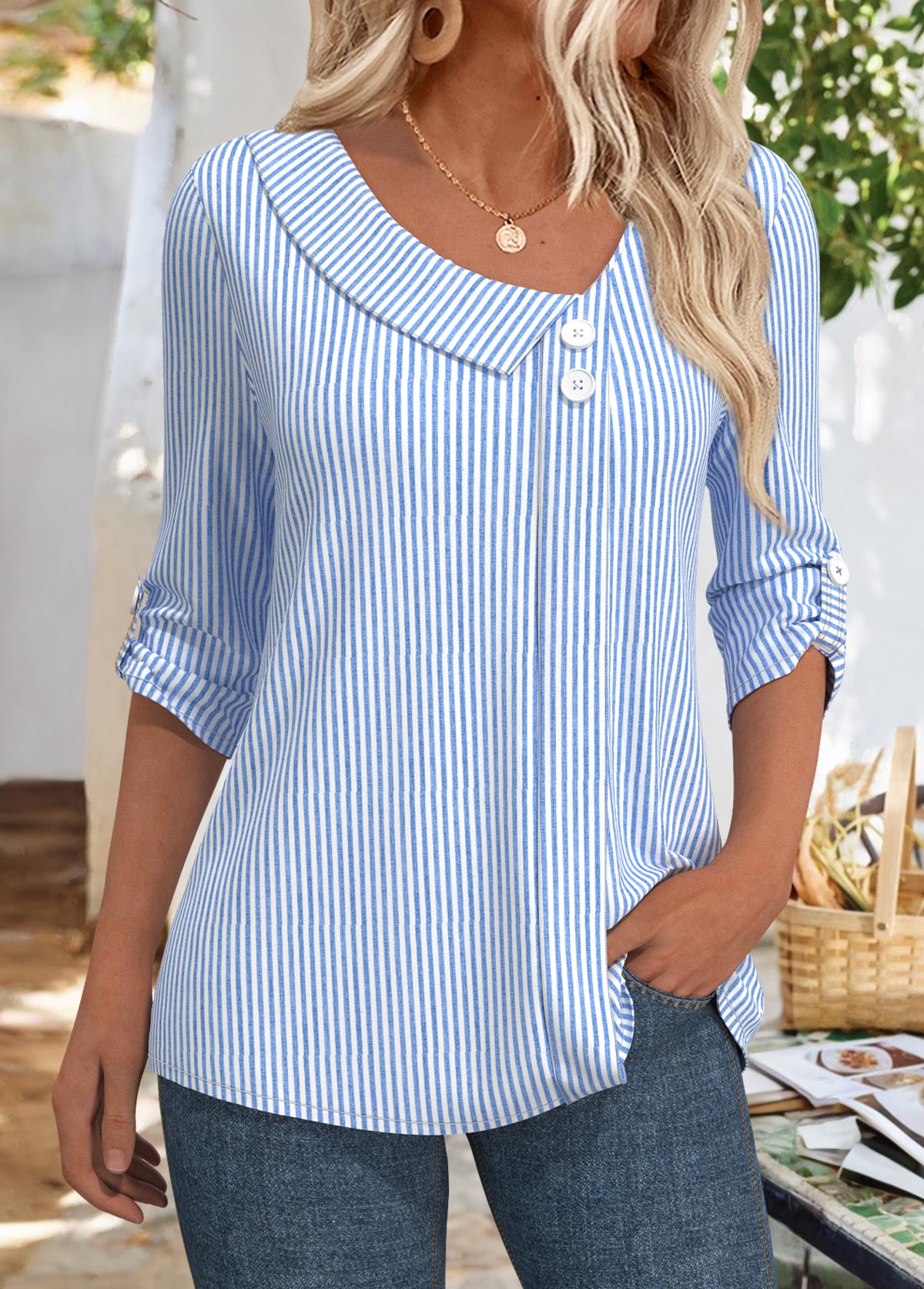 Striped Blue 3/4 Sleeve Asymmetrical Neck Blouse