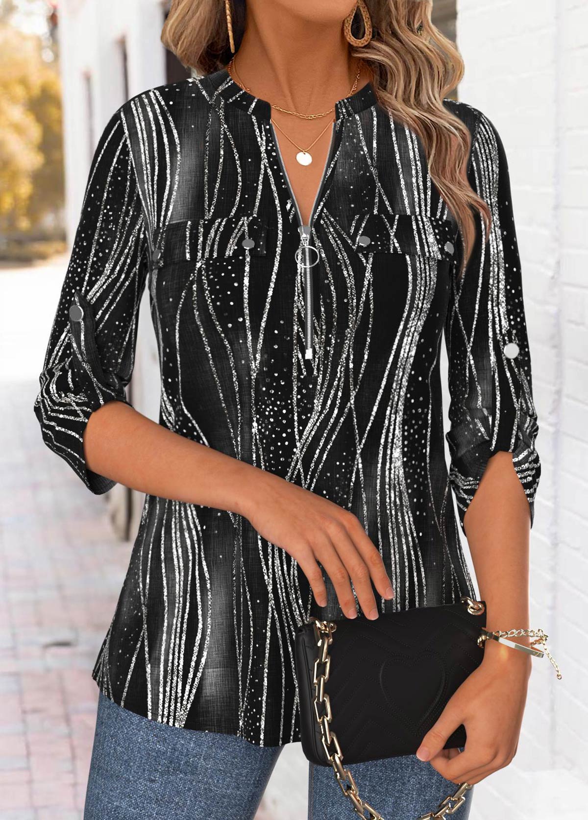 Geometric Print Black 3/4 Sleeve Split Neck Blouse
