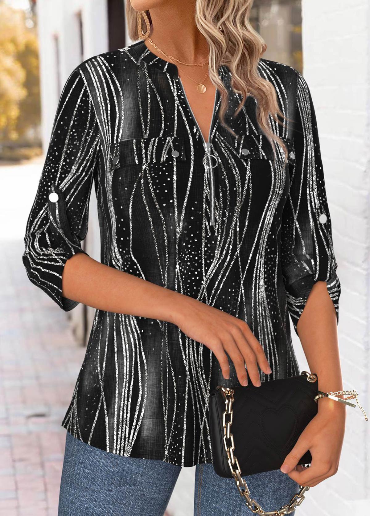 Geometric Print Black 3/4 Sleeve Split Neck Blouse