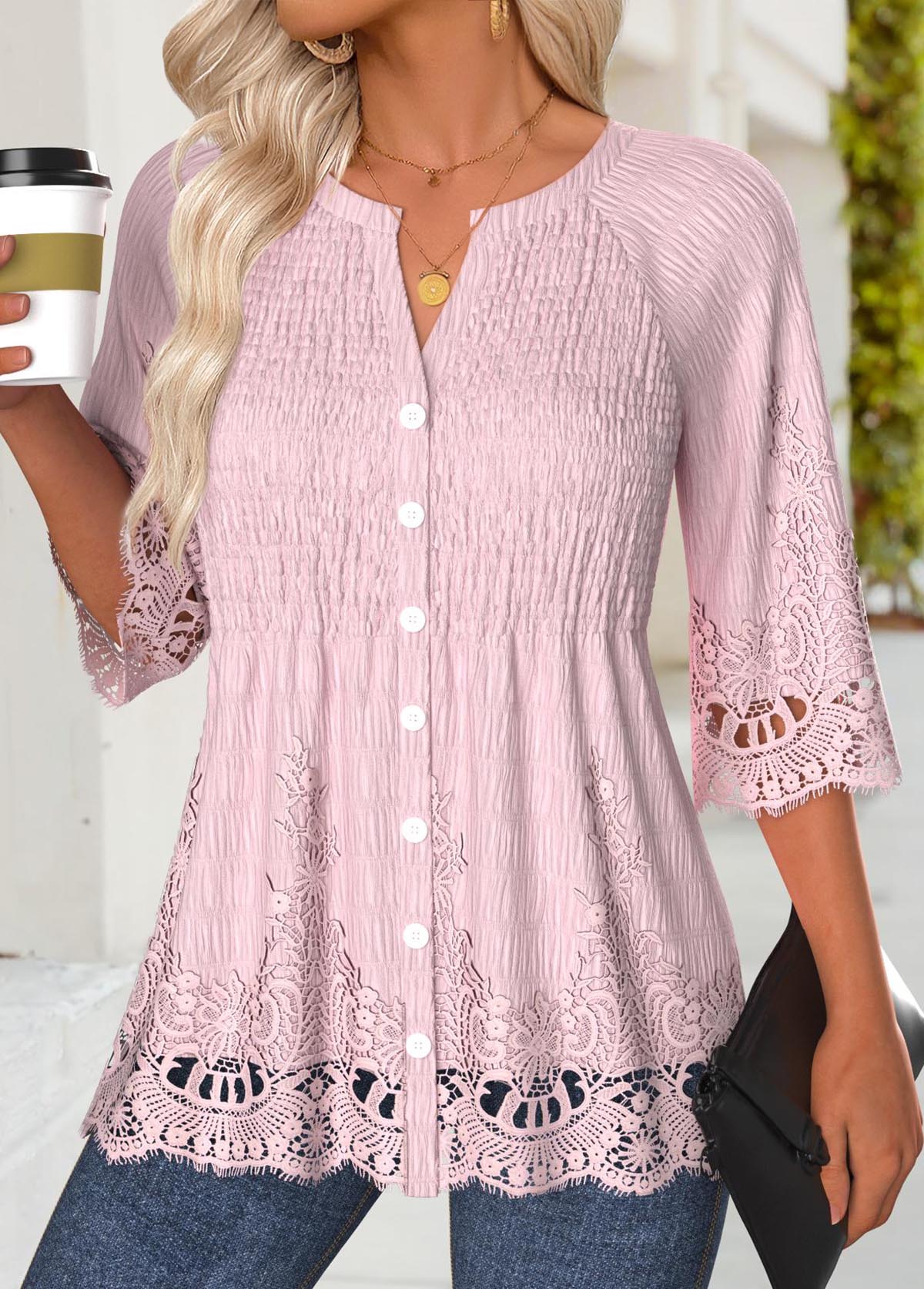 Light Pink 3/4 Sleeve Split Neck Blouse