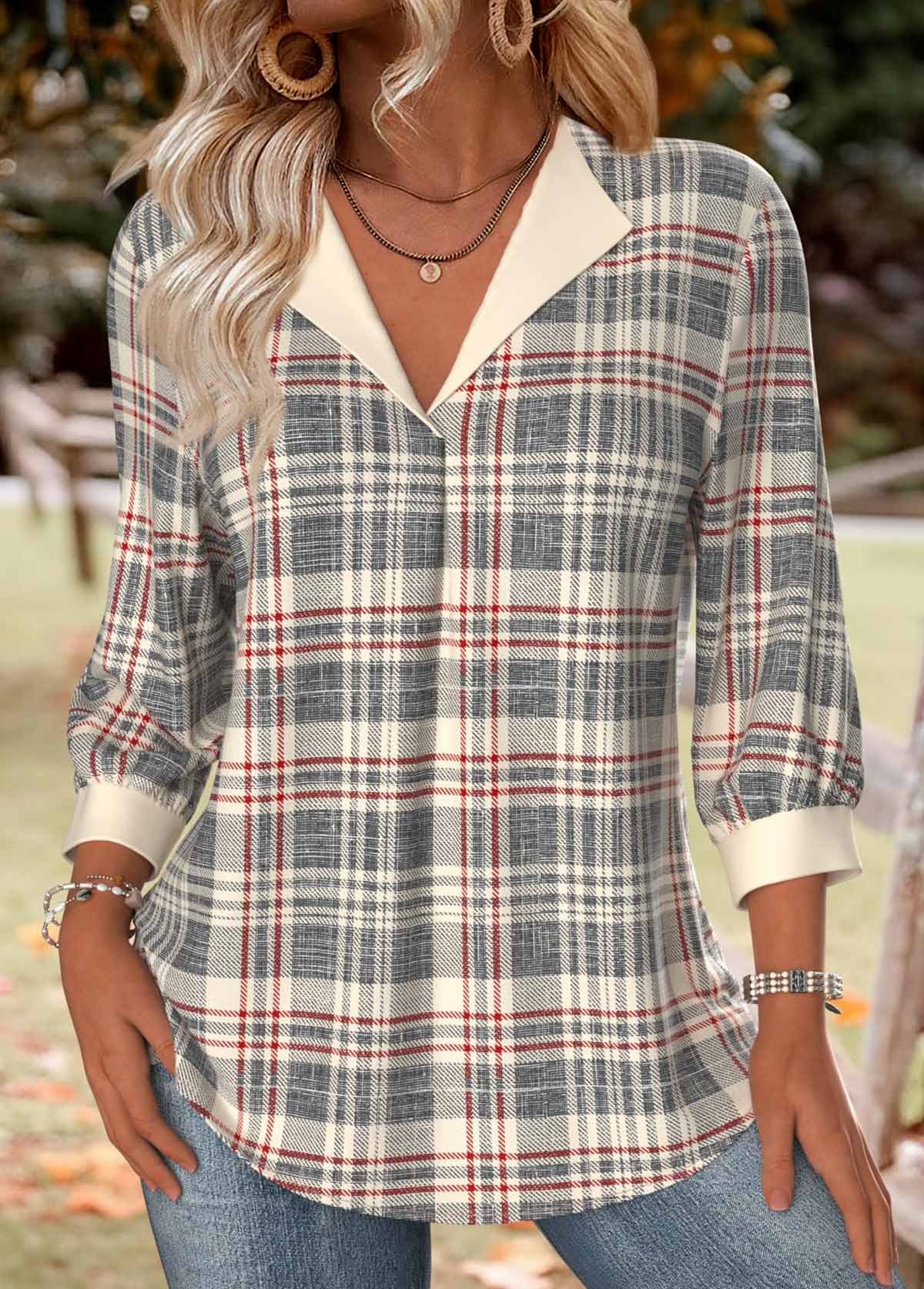 Plaid Multi Color 3/4 Sleeve V Neck Shirt