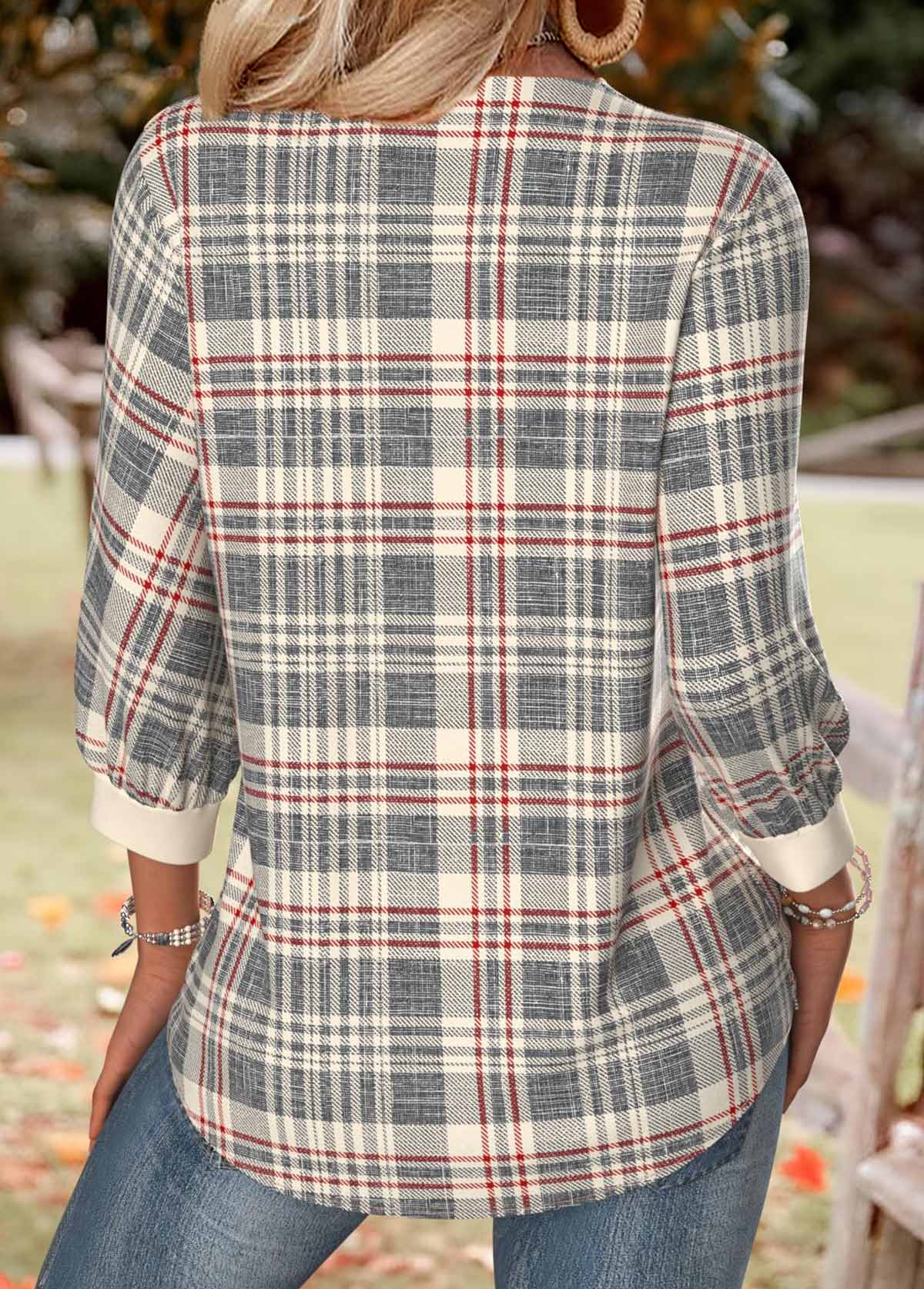 Plaid Multi Color 3/4 Sleeve V Neck Shirt