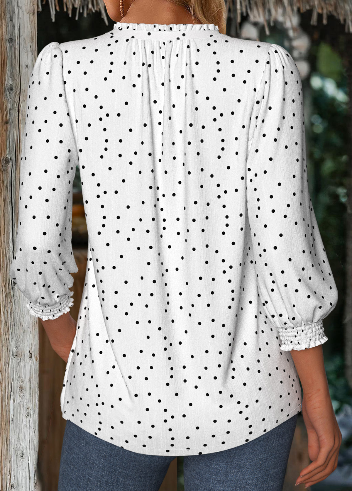 Polka Dot White 3/4 Sleeve V Neck Blouse