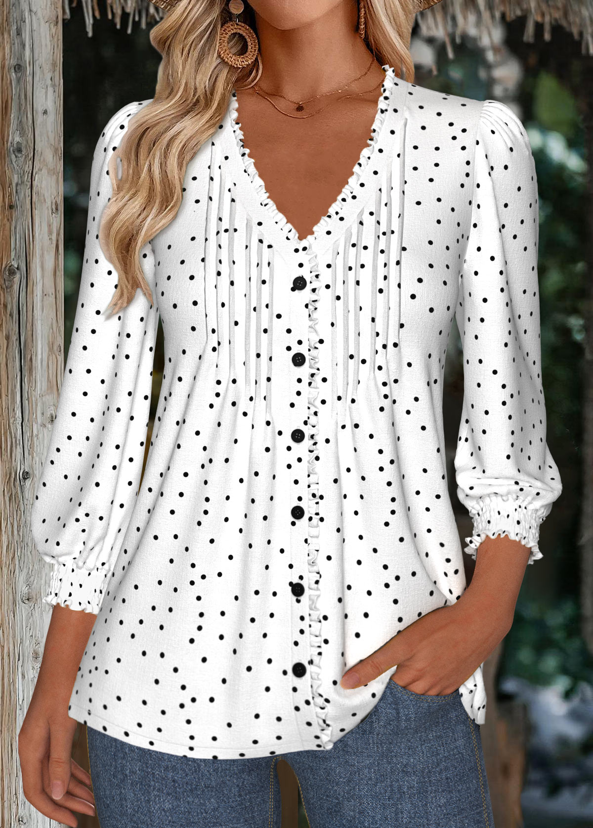 Polka Dot White 3/4 Sleeve V Neck Blouse