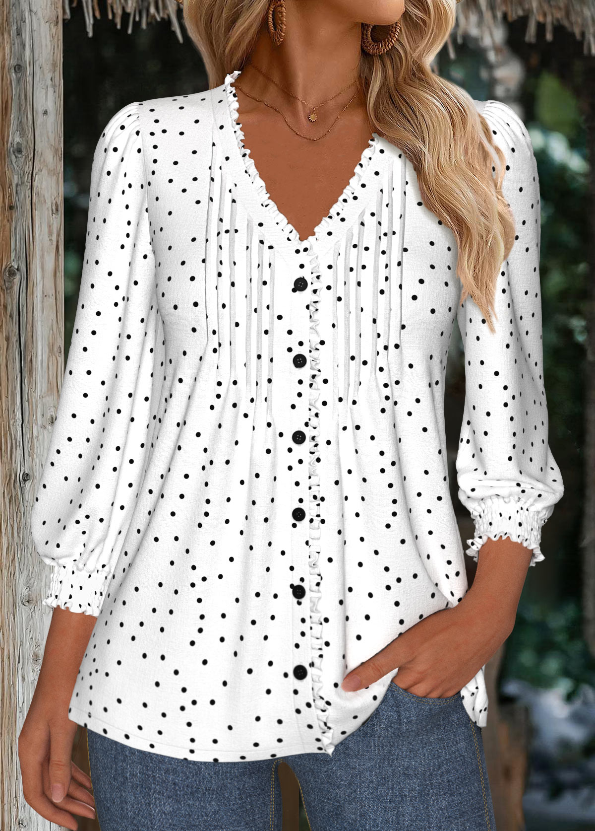 Polka Dot White 3/4 Sleeve V Neck Blouse