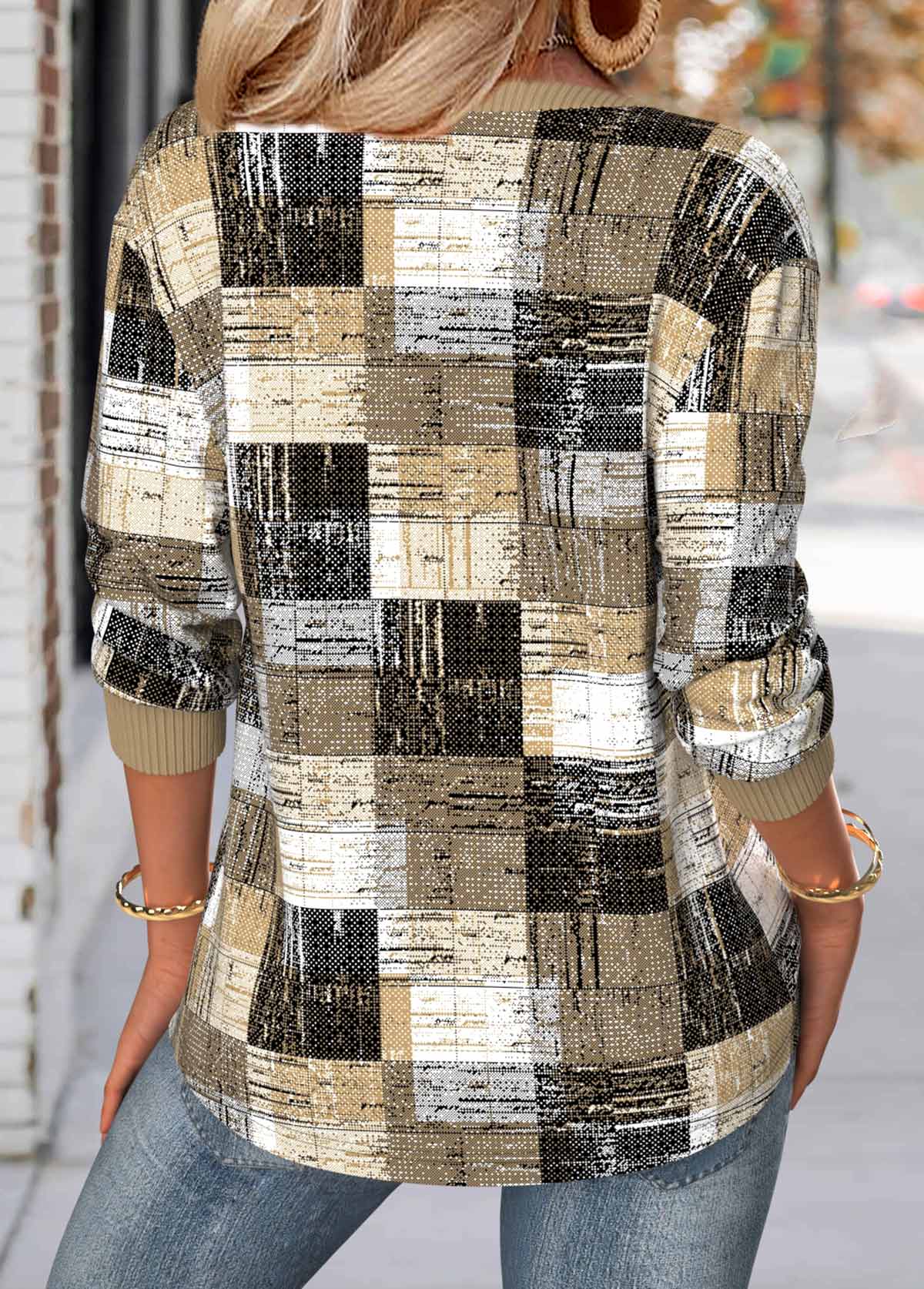 Geometric Print Multi Color Long Sleeve Split Neck Sweatshirt