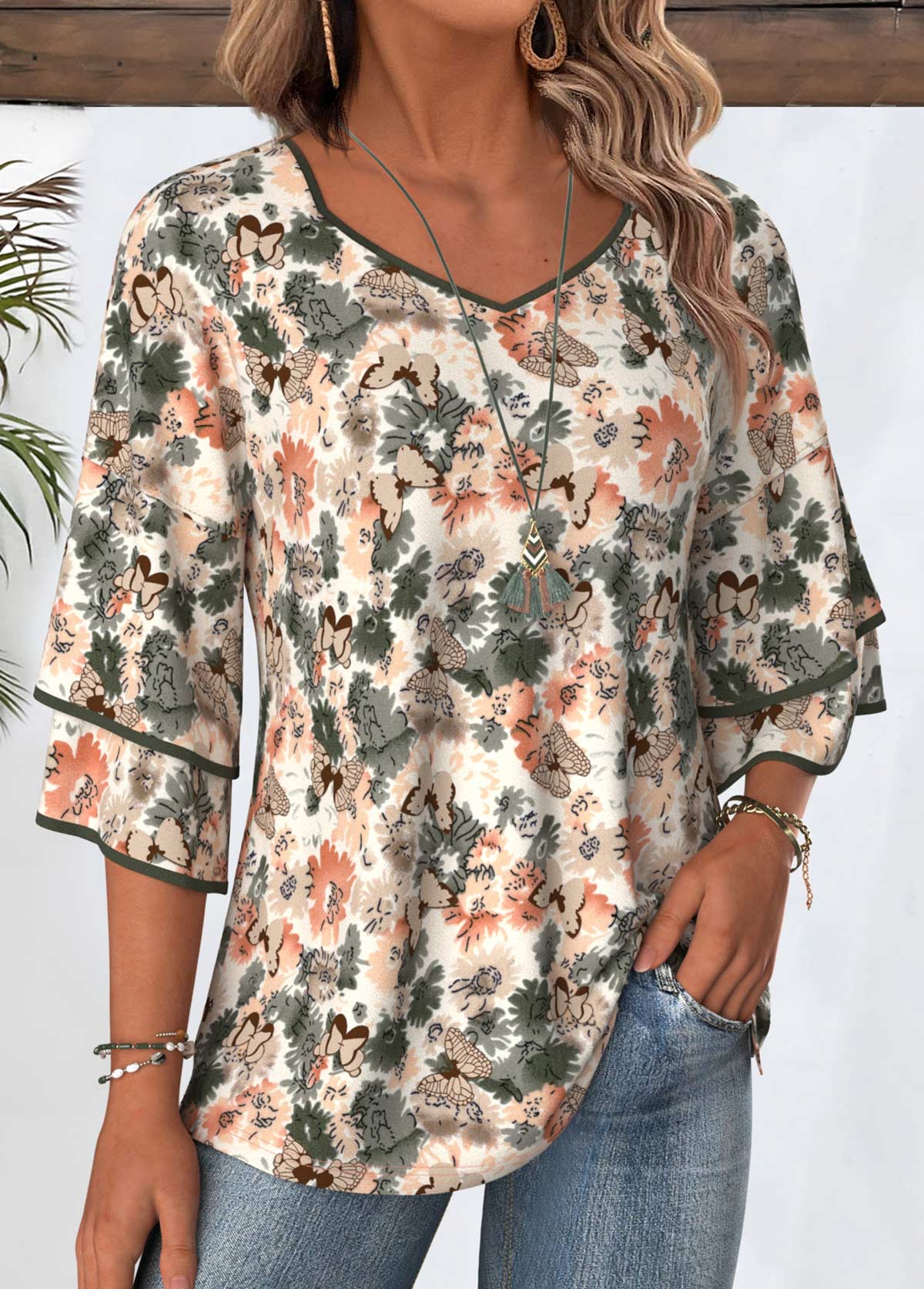 Floral Print Multi Color 3/4 Sleeve T Shirt