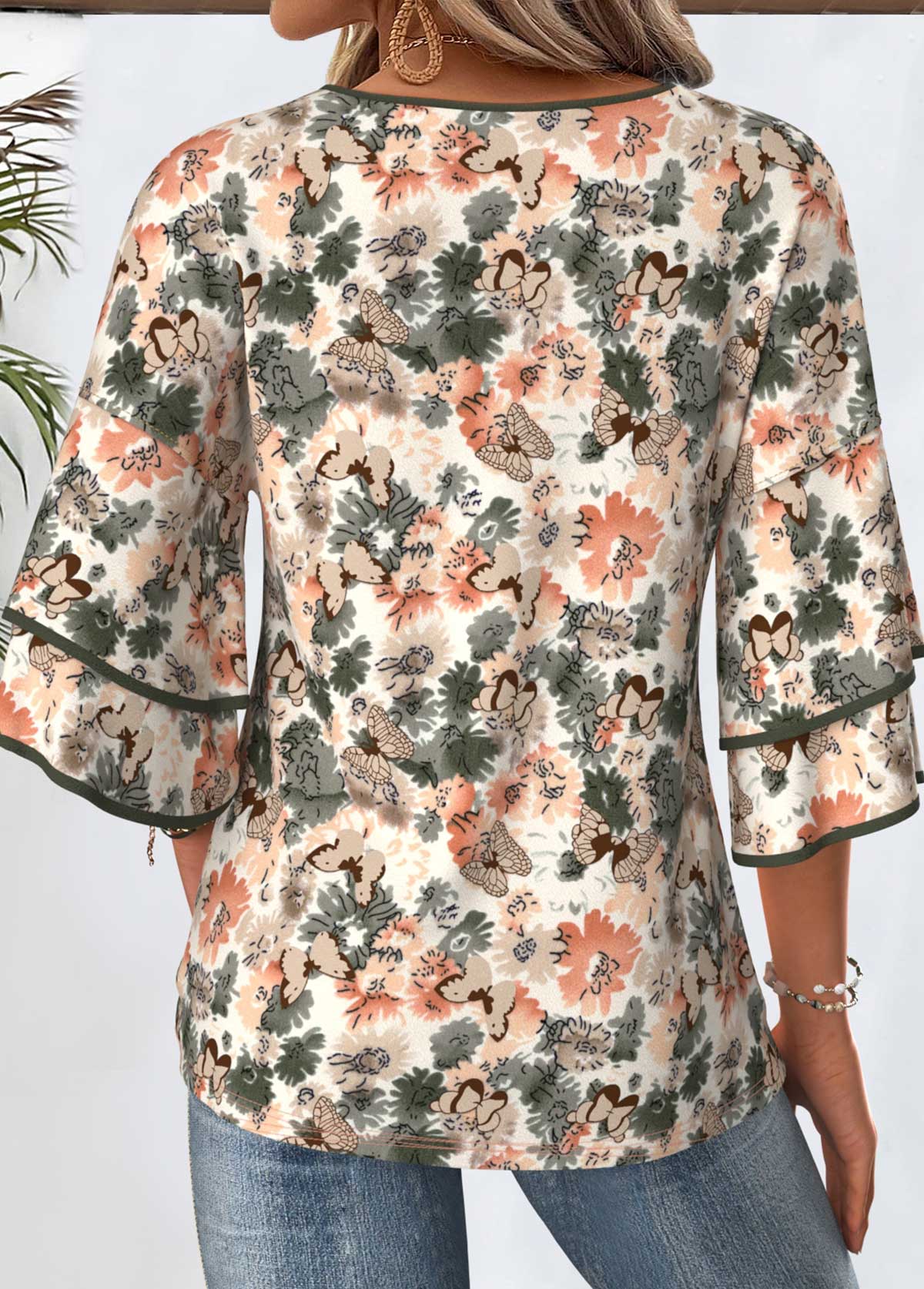 Floral Print Multi Color 3/4 Sleeve T Shirt