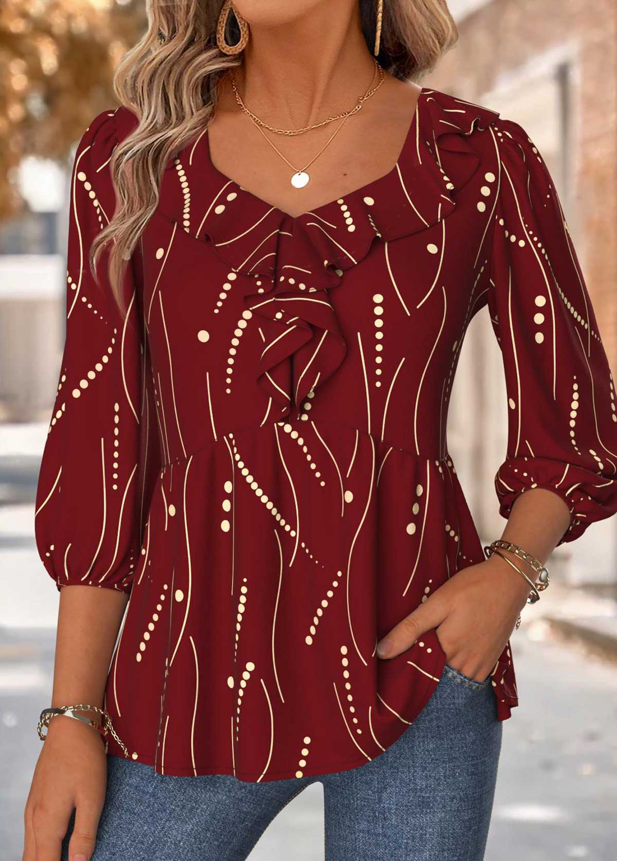 Geometric Print Red 3/4 Sleeve Heart Collar Blouse