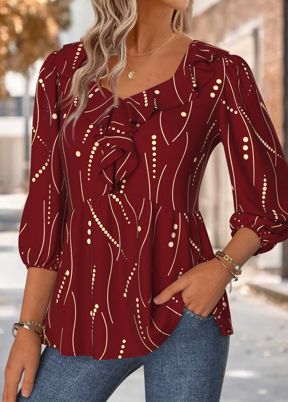 Geometric Print Red 3/4 Sleeve Heart Collar Blouse