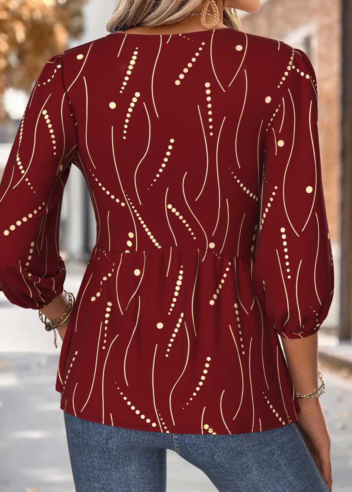 Geometric Print Red 3/4 Sleeve Heart Collar Blouse