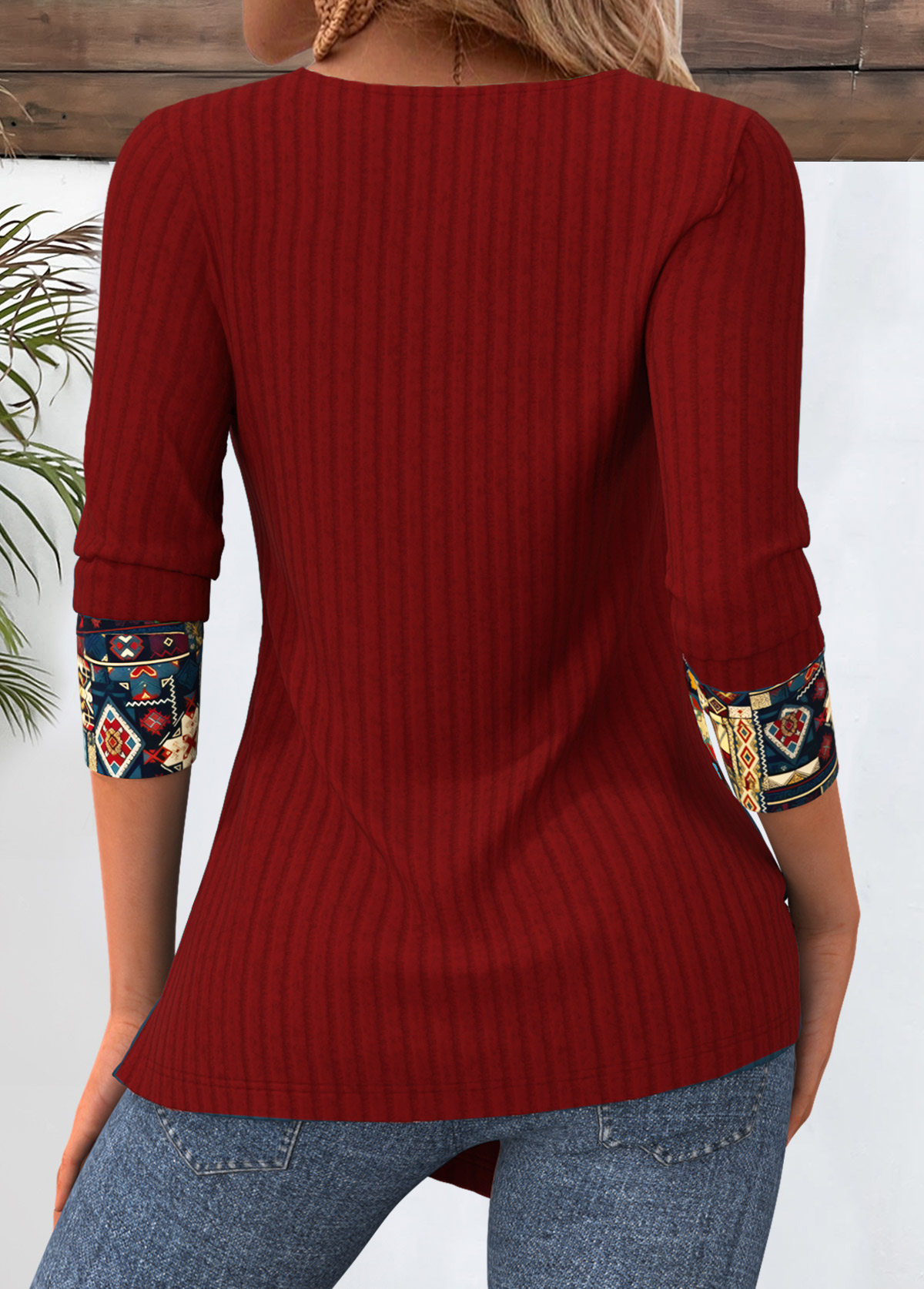 Tribal Print Peacock Blue Round Neck T Shirt