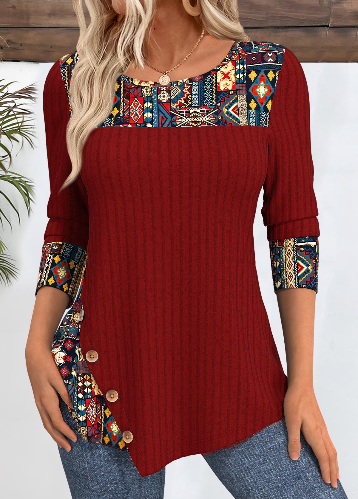 Tribal Print Peacock Blue Round Neck T Shirt