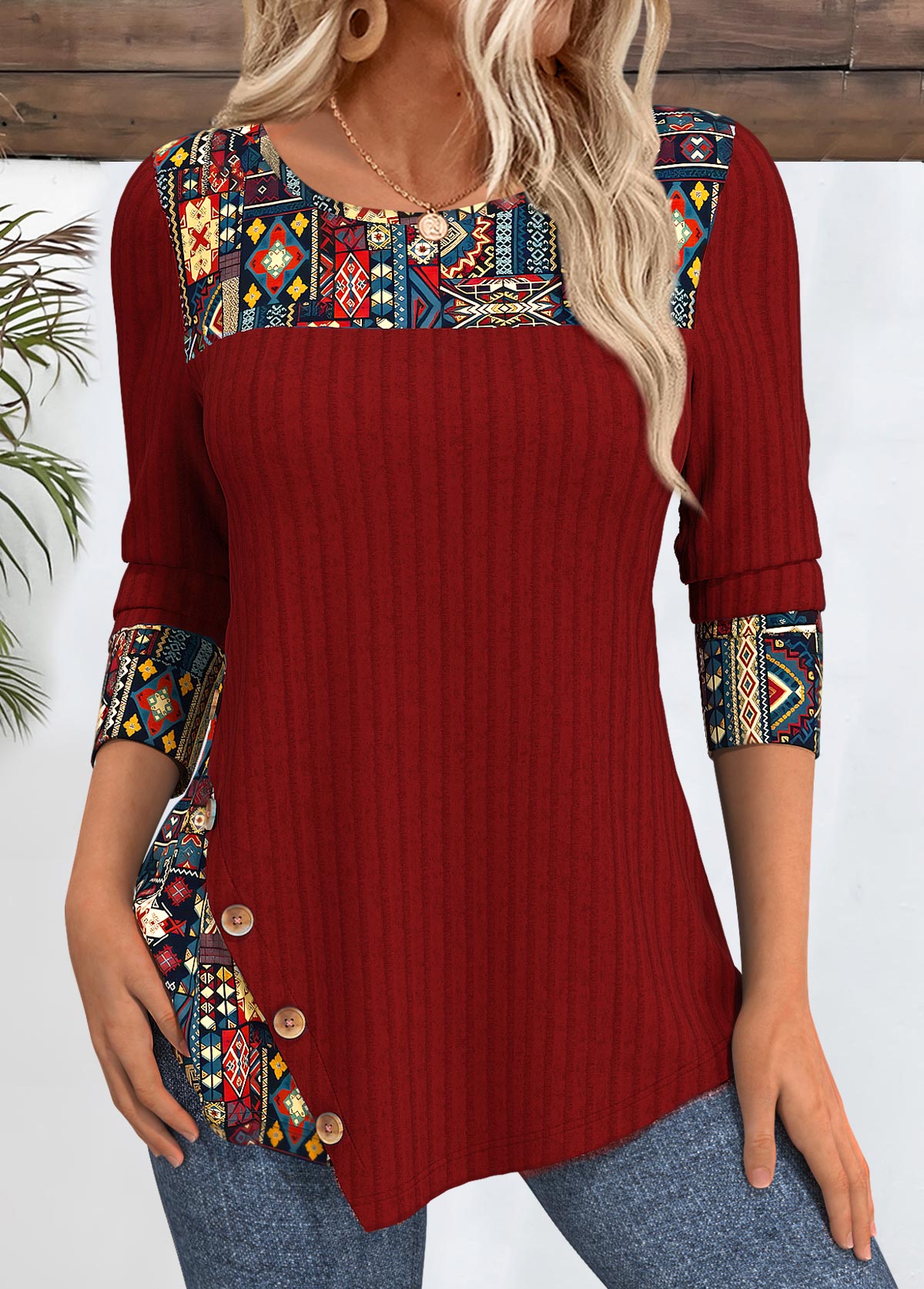 Tribal Print Peacock Blue Round Neck T Shirt