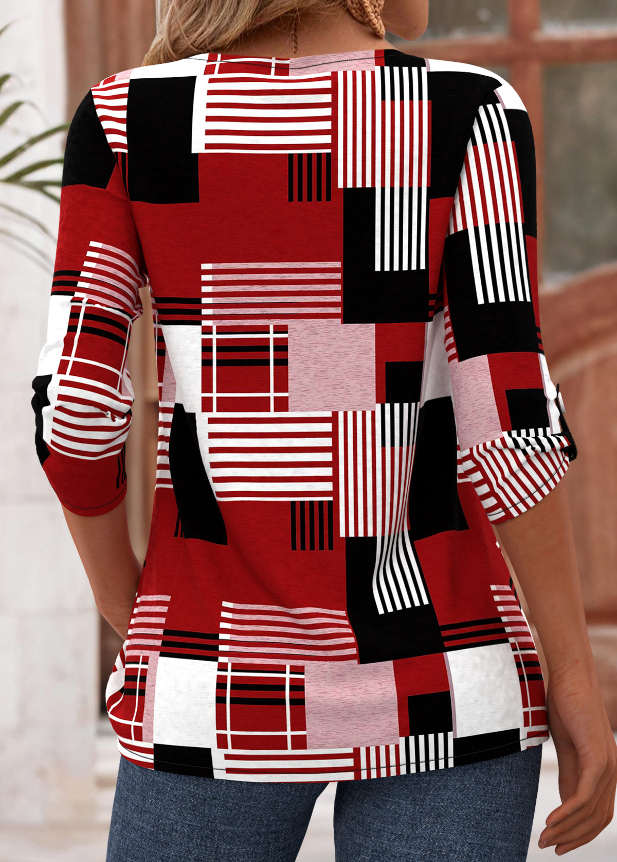 Geometric Print Deep Red T Shirt