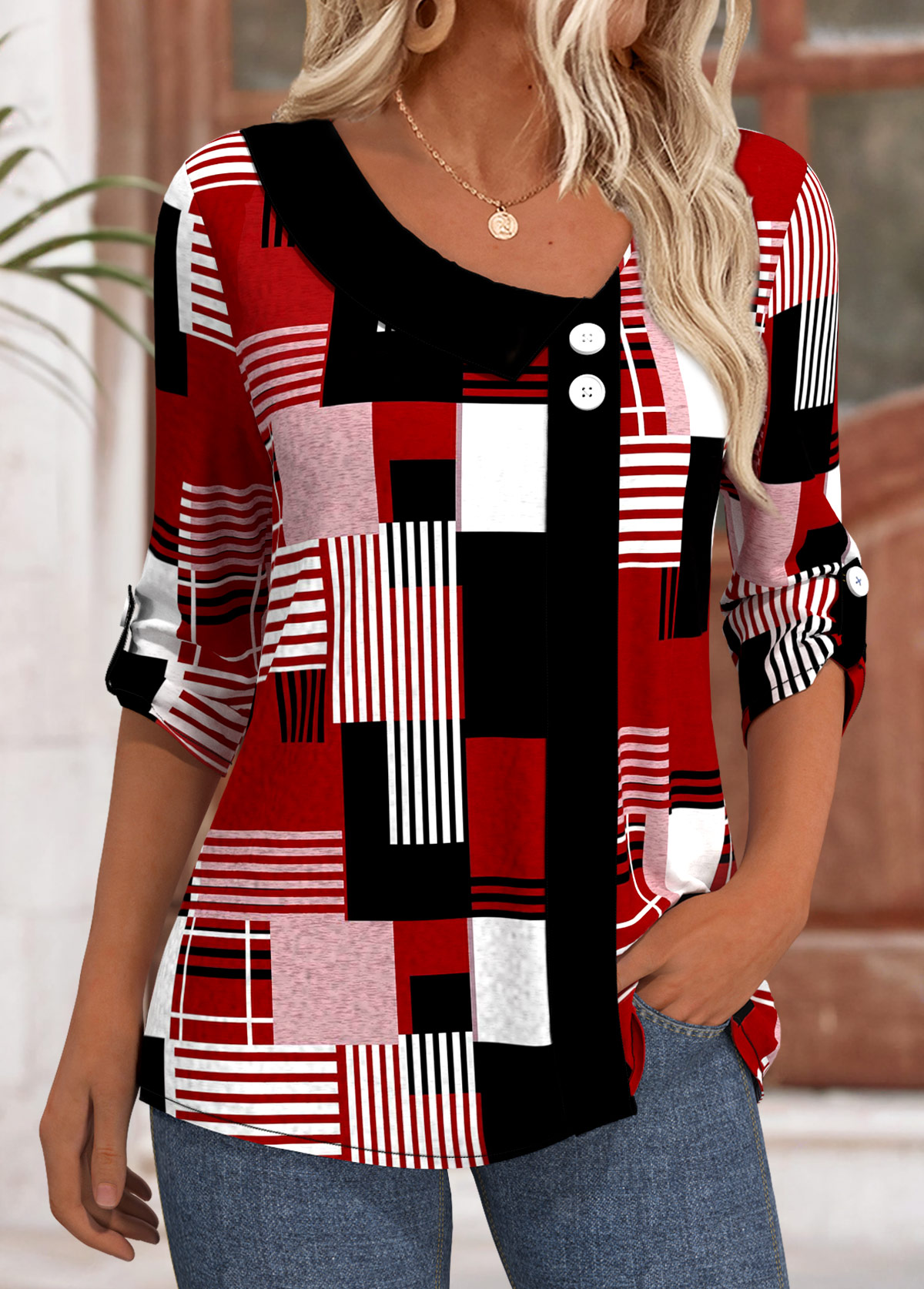 Geometric Print Deep Red T Shirt