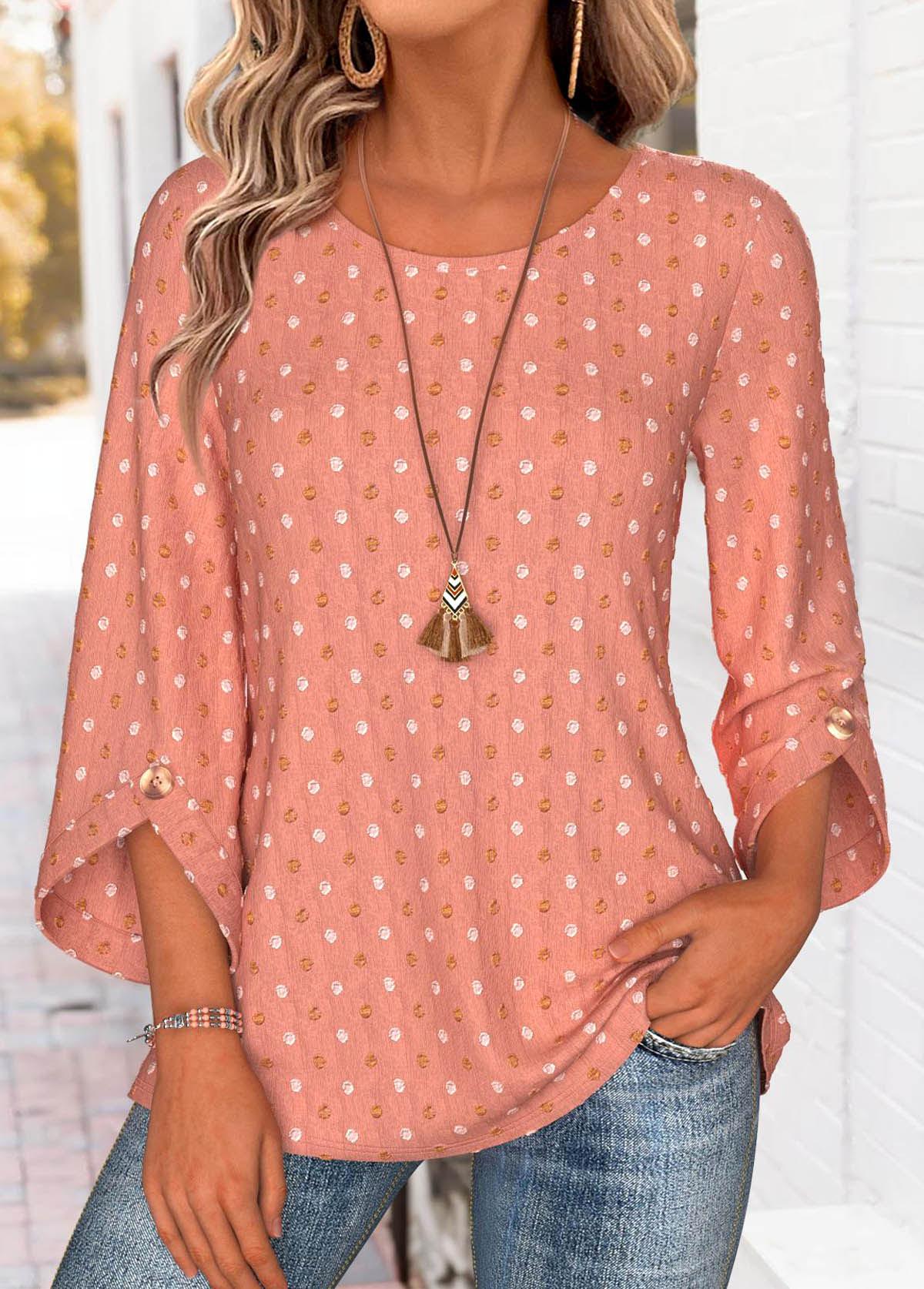 Dusty Pink 3/4 Sleeve Round Neck Blouse